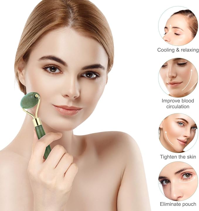 rosenice Jade Beauty Vessel Gua Sha Massage Tool Set with Roller and Scraping Plate for Facial and Neck Muscle Relief 5.90X1.96X1.18In Green-Set