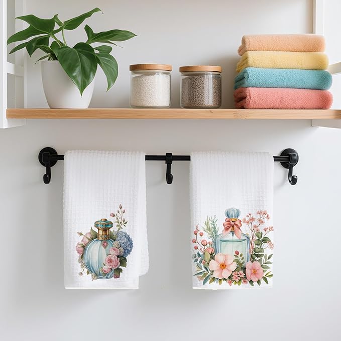 2PCS Perfume Bottle Floral Gifts for Women Kitchen Towels, Romantic Gifts Reusable Absorbent Waffle Weave Dish Tea Towels for Bathroom, Perfume Bottle Microfiber Kitchen Towel, Housewarming Gift