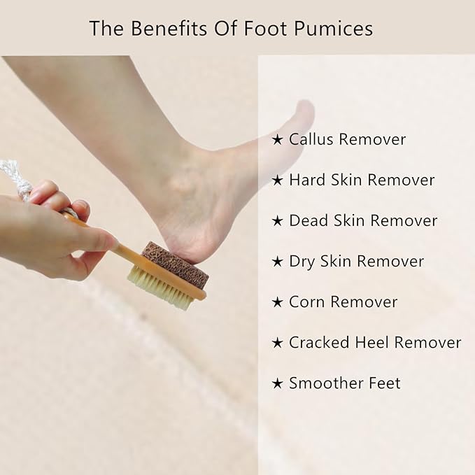 Natural Lava Pumice Stone for Feet with Brush, 2 Pcs Callus Remover Foot Scrubber Exfoliator Pedicure Tools for Hard Dead Skin, Smoother Feet, Double Sided Boar Bristles Wooden Handle, Random