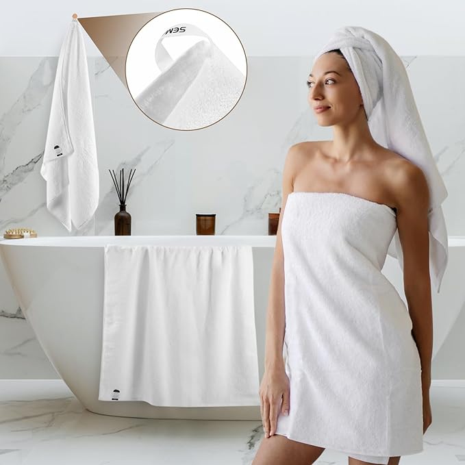 SEMAXE White Bath Towel, 100% Cotton Bath Towel with Hanging Loop, 55 x 27 Inch, Soft Absorbent & Quick Dry, for Bathroom & Travel