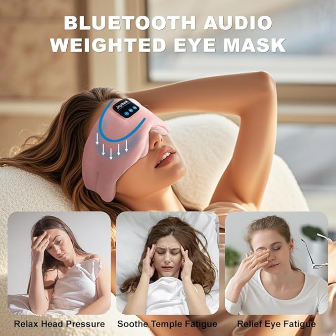 Joythink Weighted Eye Masks Bluetooth Sleep Mask Headphones Silk Wireless Bluetooth Headband for Side Sleepers Blackout for Airplane Travel Men Women Pink