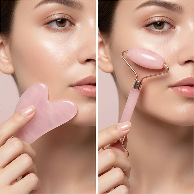Natural Resin Jade Roller & Gua Sha Set for Face, Pink Facial Massage Tools, Wrinkle Lifting Skincare Roller, Daily Beauty Care