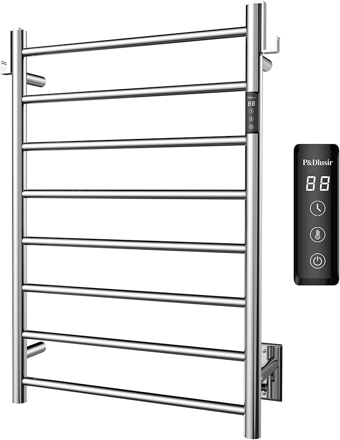 P&Dlusir Towel Warmer, Heated Towel Rack with Smart Timer and Thermo Control, Wall-Mounted Heated Towel Rail, Stainless Steel, Hard-Wired/Plug-in, Polished, 8 bar