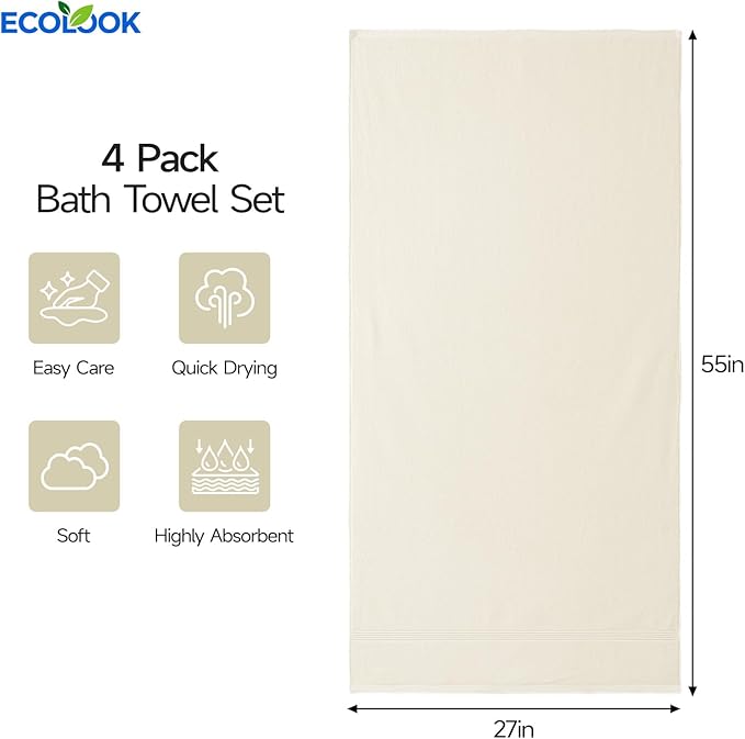 ecolook Bath Towels Set of 4,100% Cotton,27 x 55 Inches,Quick-Drying & Absorbent,Soft,Lightweight Towels for Bathroom,Shower,Spa, Gym & Hotel,Beige