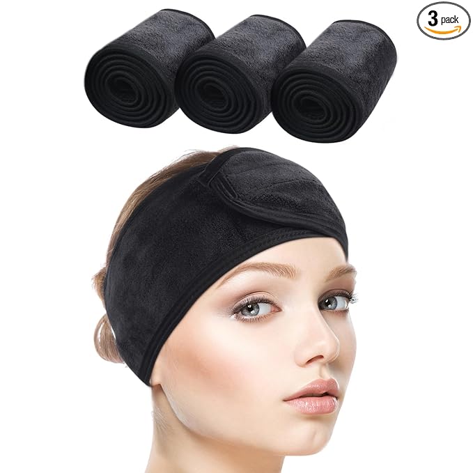 SINLAND Spa Headband for Women Ultra Soft Adjustable Makeup Hair Band with Magic Tape, Stretch Head Wrap for Bath, Shower, Facial Mask, Yoga