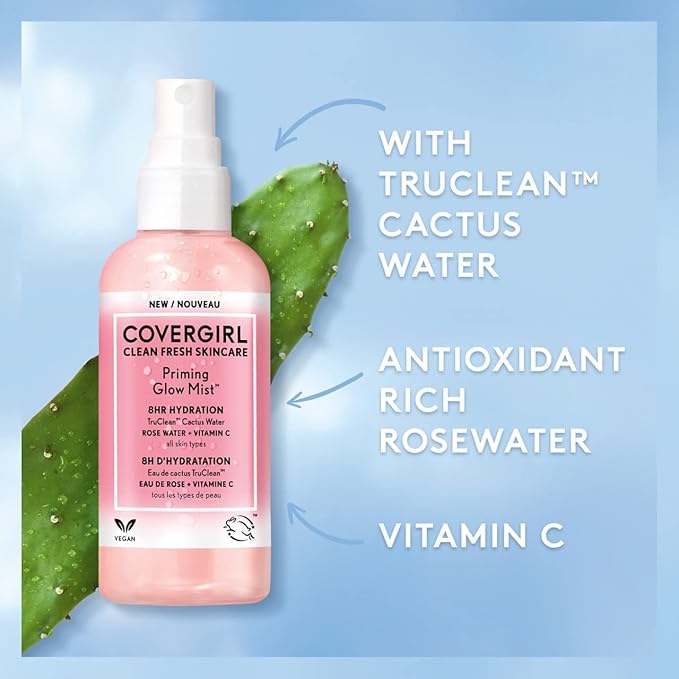 COVERGIRL Clean Fresh Skincare Priming Glow Facial Mist with Rose Water and Vitamin C, 3.3 Fl Oz (Pack of 2)