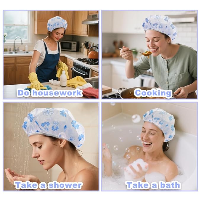18Pcs Plastic Shower Caps for Women Waterproof Bath Caps Bathing Hair Cap Reusable Shower Caps for Shower,Spa,Salon,Housework,Girls,Home,Travel (Blue-Flower)