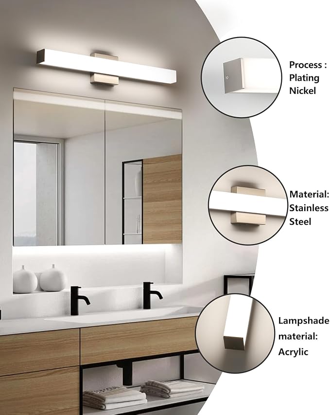 LED Bathroom Vanity Light Fixtures 24in Brushed Nickel,Dimmable18W 4000K Natural White Square Wall Fixture, Modern Lighting for Over Mirror, Damp Rated