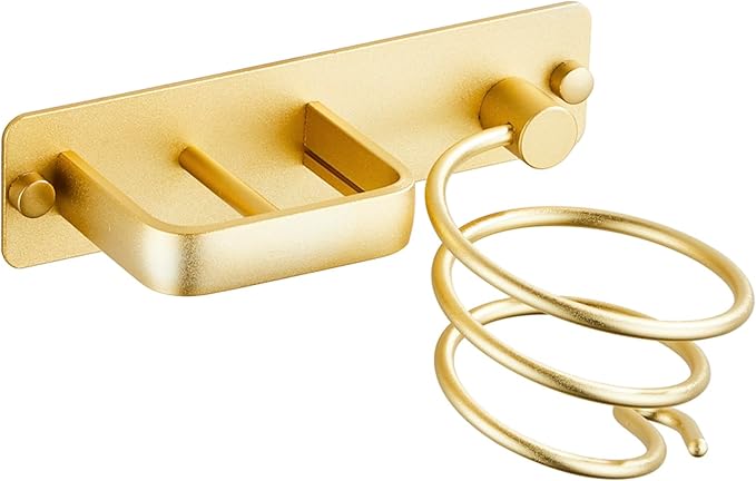 YUET Hair Dryer Holder Hairdryer Station Wall Mounted Shelf Bracket Straightener Stand Hanger Organizer Blow Storage w/Cable Tidy Rack for Dressing Table Bathroom Aluminum Professional, Gold Brass