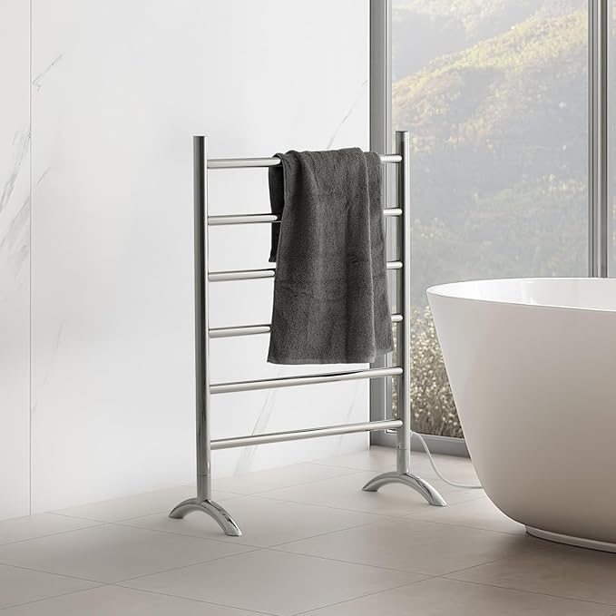 Freestanding Towel Warmer 6 Bars Plug-in Option 3 Working Modes with Top-Mounted Timer Mirror Polished Stainless Steel 24” W 34” H