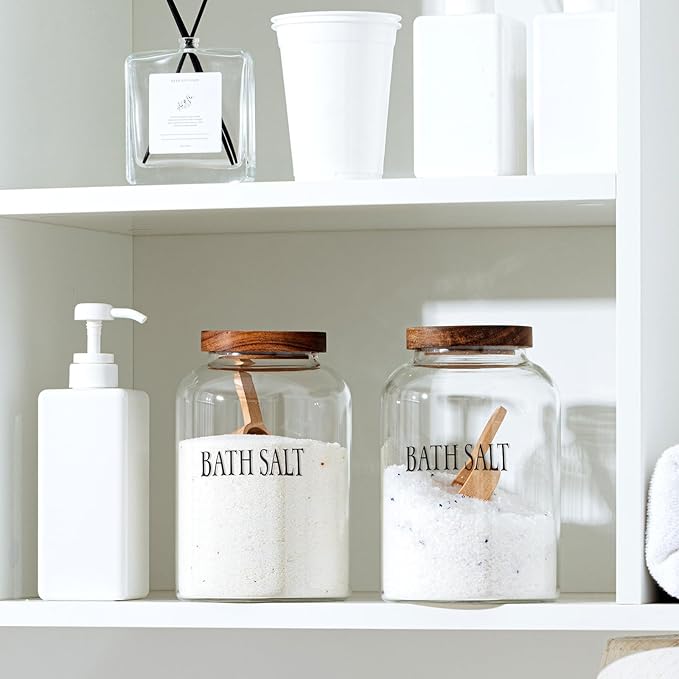 SiliFine 2 Sets 74 oz Large Bath Salt Container with Wooden Scoop for Glass Bath Salt Jar with Airtight Lid Storage Canister for Food, Flour, Sugar, Cookie, Kitchen