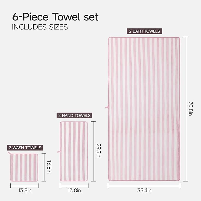 REDKISS Ultra Soft Bath Towel Set 6-Piece 35"x70" | 100% Microfiber, Highly Absorbent | Quick Dry Towels for Bathroom, Spa, Gym | 2 Bath, 2 Hand, 2 Washcloths | Pink