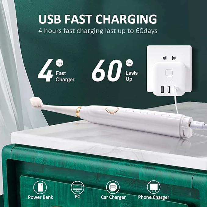 Sonic Electric Toothbrush, USB Rechargeable Powerful Sonic Cleaning Tooth Brush with 6 Modes, 5 Brush Heads + 1 Facial Cleansing Brush Head + 1 Face Massage Head Whitening Toothbrushes