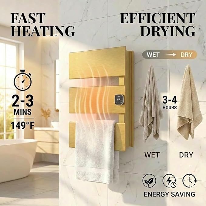 Electric Towel Warmer, Heated Towel Rack with Thermo Control and Timer, Fast Heating Towel Rail for Bathroom with Memroy Function, Work with Smart Plug, Right-Wiring, 3 Panel, Gold