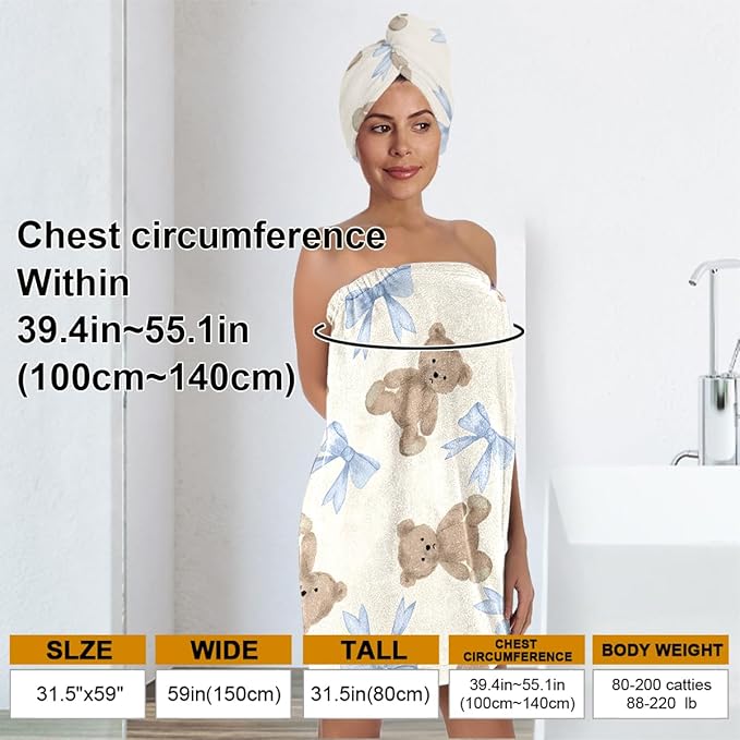 Bow and Teddy Bear Bath Wrap with Hair Drying Towel, Microfiber Shower Skirt and Quick Dry Turban for Women Girls Dorm Spa Gym Travel (Bow 3)