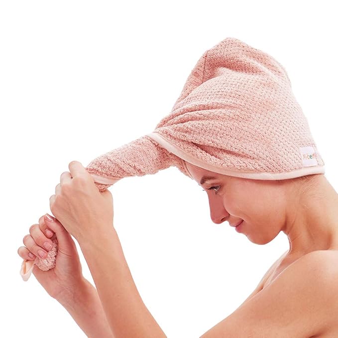 M-bestl 2 Pack Hair Drying Towels, Hair Wrap Towels, Absorbent Microfiber Hair Towel Turban with Button Design to Dry Hair Quickly(Coffee& Pink)