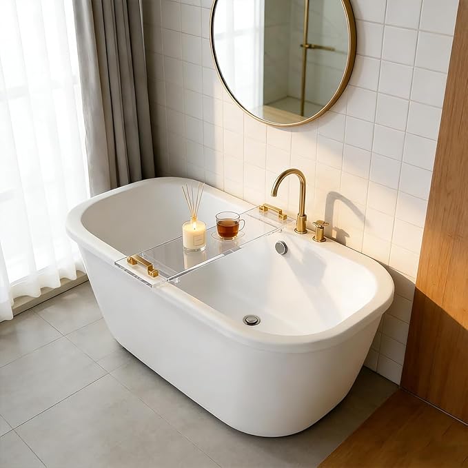 1CM Thick Clear Acrylic Bathtub Caddy with Metal Handles, Multifunctional Bath Tray for Wine Glass, Phone, Book & Bathroom Essentials, Fits Most Tubs, Spa Gift for Men & Women (42in)