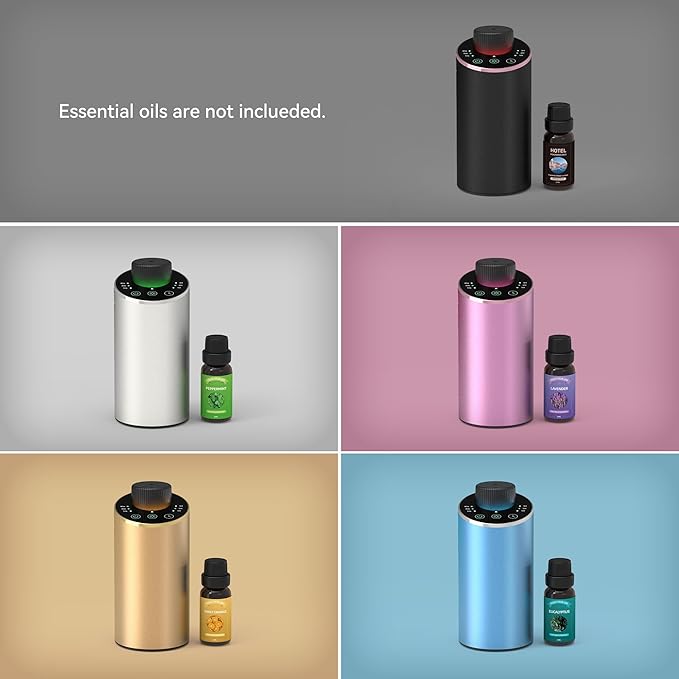 Waterless Essential Oil Diffuser Aromatherapy Scent Diffusers for Home Large Room, Bedroom, Car, Office, Desk, Battery Operated Mini Portable Air Freshener, 3 Countdown Timers & 3 Mist Levels