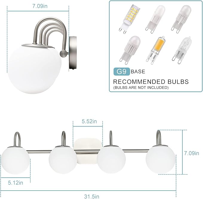 Mid Century Modern Brushed Nickel Bathroom Vanity Light Fixtures 4 Lights Milky Glass Wall Lighting Bath Vanity Lights Over Mirror (Exclude G9 Bulb)