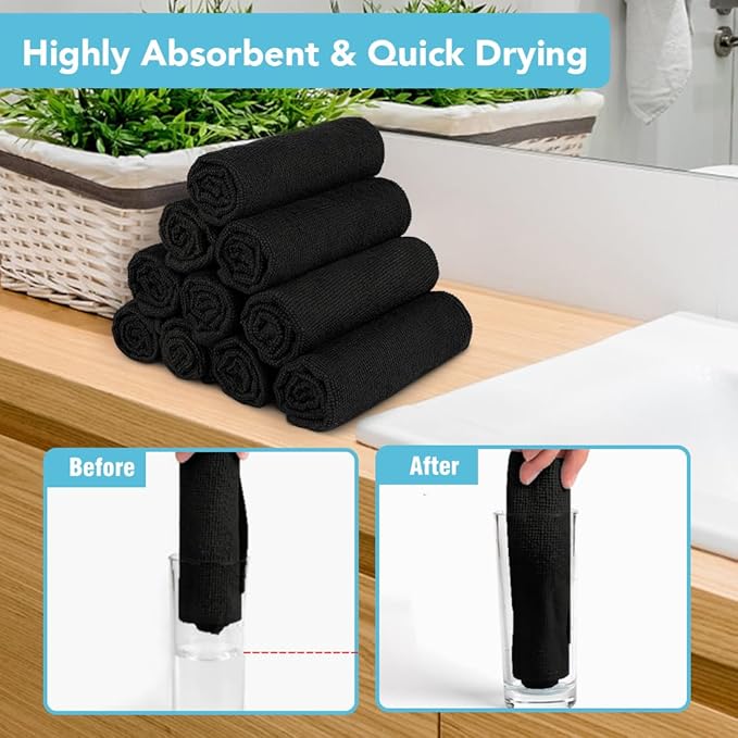 Orighty Washcloths Towels Set 10 Pack, Highly Absorbent and Soft Feel Microfiber Face Cloths, Multi-Purpose Wash Cloths & Hand Towels for Bathroom, Hotel, Spa, and Gym, 11.5x11.5 Inch, Black