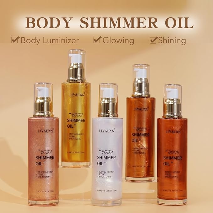 Liyalan Shimmer Body Oil Golden Brown 5 Color Bronze Face Glow Pearl Highlighter Illuminator Body Makeup Shine Glitter Gold Liquid Taning 3.38 Fl Oz