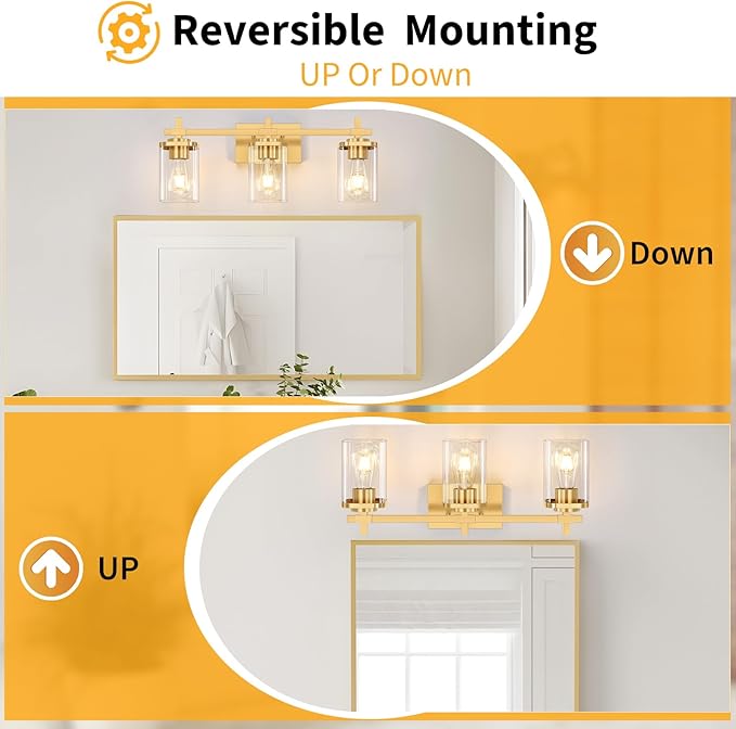 3-Lights Gold Bathroom Light Fixtures, Bathroom Vanity Light Over Mirror, Brushed Gold Wall Lights with Glass Shades, Indoor Wall Mounted Lamp for Living Room Bedroom Hallway