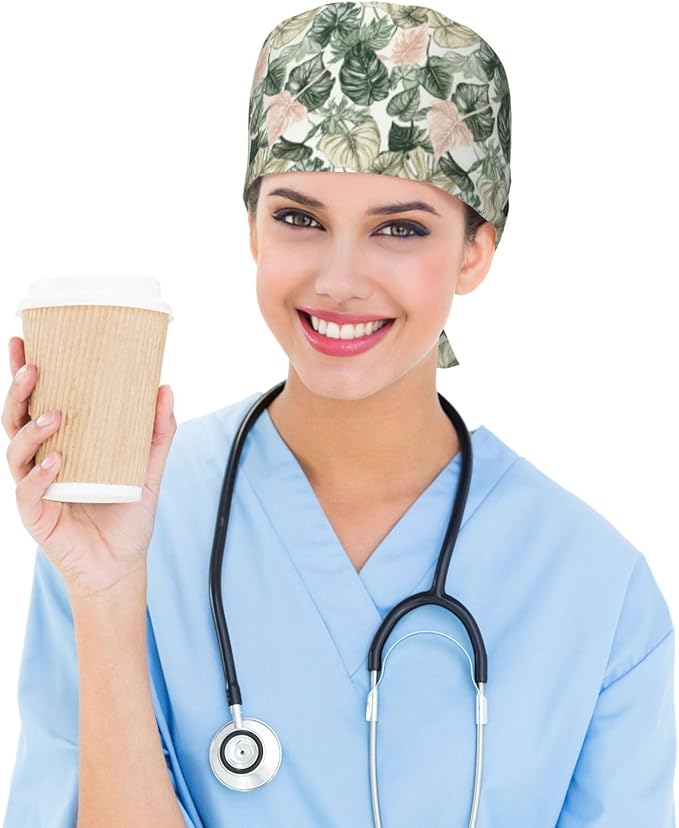 Scrub Cap for Women and Men Boho Black Leaf Pattern Adjustable Breathable Sweatband Hat for Work Kitchen Spa Shower Daily Use