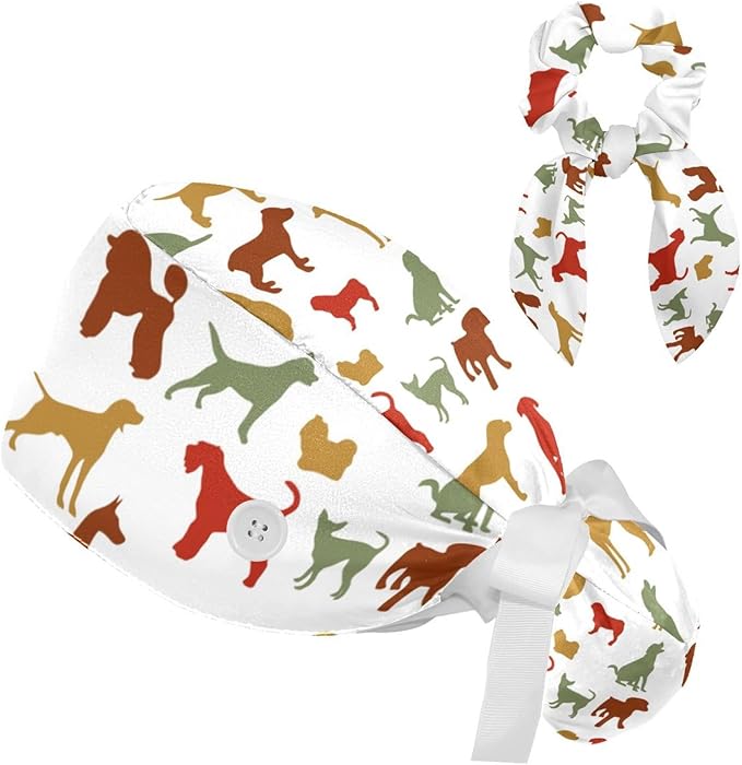 Adjustable Brown Dachshund Dog Blue Surgical Scrub Cap with Button,Sweatband for Women with Bow Hair Scrunchy