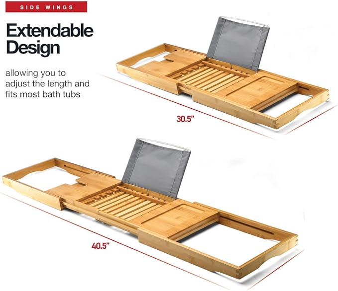 Luxury Foldable Bathtub Tray Caddy - Waterproof Wooden Bath Organizer for Wine, Book, Soap, Phone - Expandable Size Fits Most Tubs