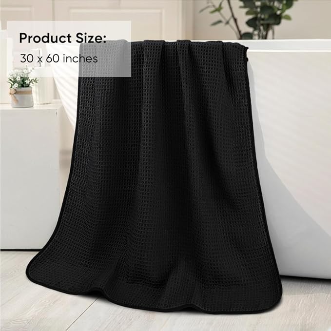 HOMEXCEL Waffle Bath Towels Set 4 Pack, Premium Microfiber Bathroom Towels, Lightweight, Highly Absorbent and Quick Dry Towel for Bathroom, Gym, Shower, Hotel, and Spa, 30 x 60 Inch, Black