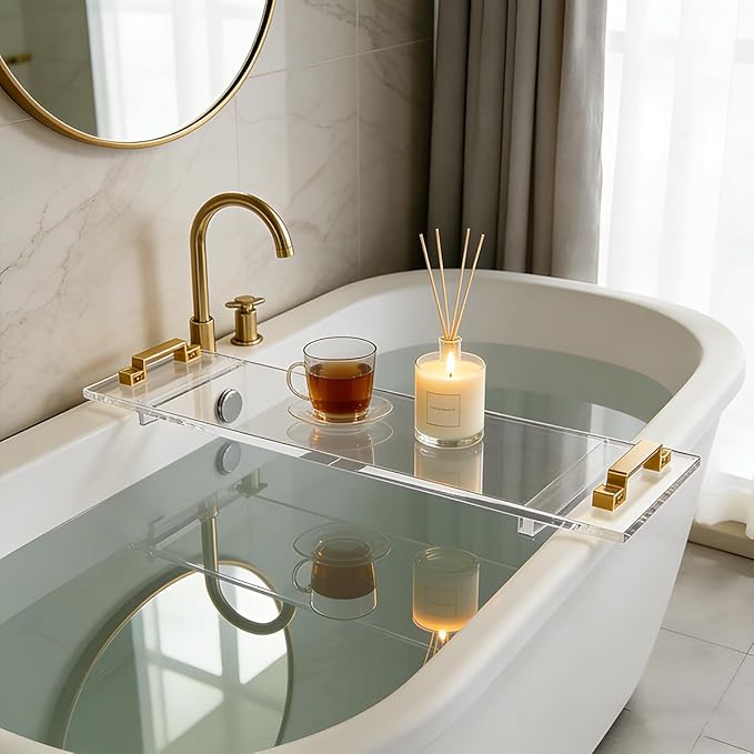 1CM Thick Clear Acrylic Bathtub Caddy with Metal Handles, Multifunctional Bath Tray for Wine Glass, Phone, Book & Bathroom Essentials, Fits Most Tubs, Spa Gift for Men & Women (42in)