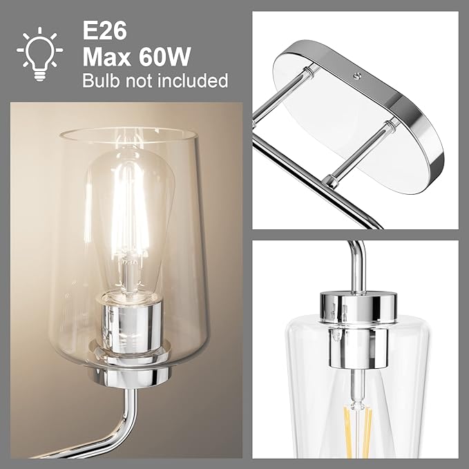 Tipace Chrome Vintage Bathroom Vanity Light,2 Lights Modern Stainless Steel with Clear Glass Bathroom Light Fixtures Industrial Wall Mount Lighting Sconce(Exclude Bulb)
