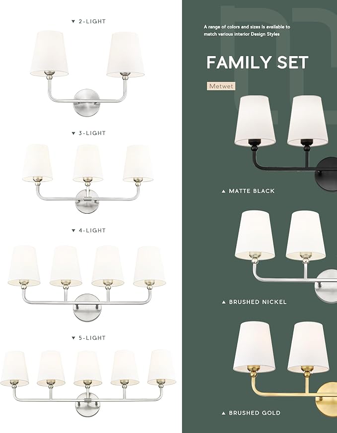 Bathroom Light Fixtures, 4 Light Vanity Lights with Flared White Fabric Shade, 28 Inch Brushed Nickel Wall Sconce, Modern Sconces Wall Lighting for Hallway Bedroom, VL837-BN-4
