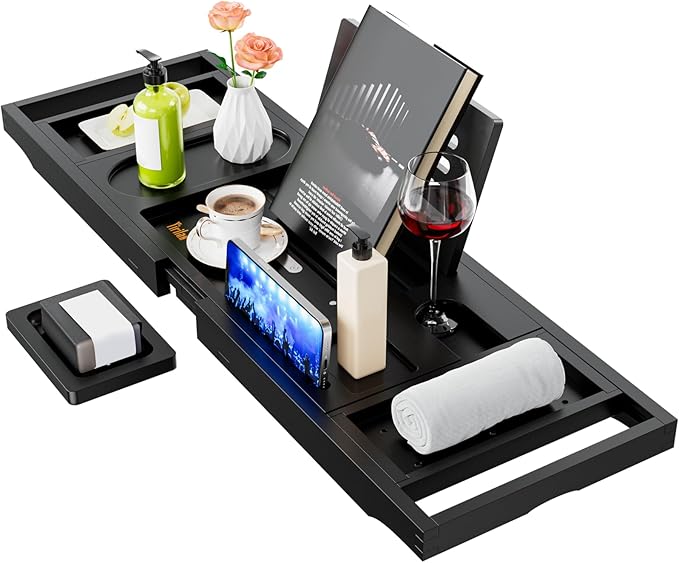 Yirilan Bamboo Bathtub Tray Caddy,Premium Bathtub Tray Caddy, Expandable Bath Tray,Gifts for Women,Black