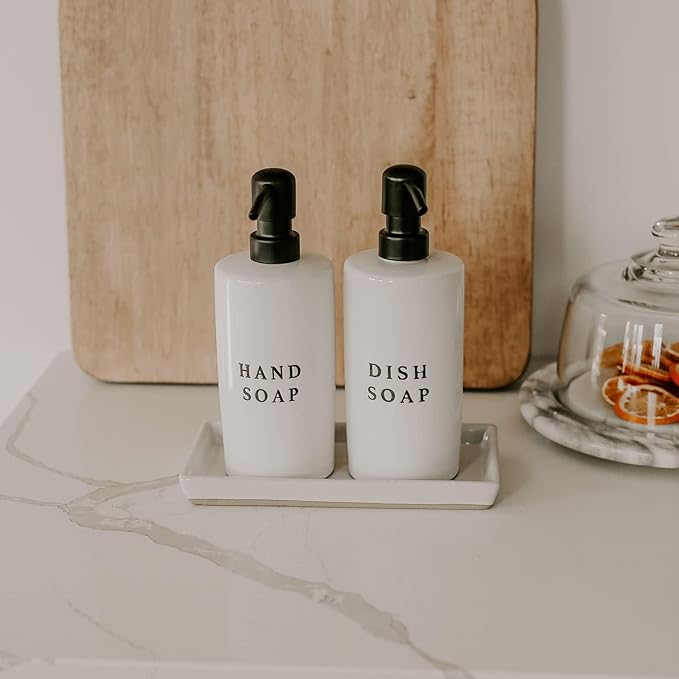 Sweet Water Decor Stoneware Tray for Home - White | Kitchen and Bathroom Dispenser Holder | Jewelry Dish | Glass Soap Holder for Bottles | Long Plate for Counter Tops | Vanity Décor