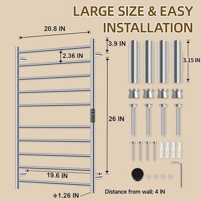 Towel Warmers for Bathroom, Heated Towel Rack Large, Smart Timing & Temperature Control, 10 Bar Racks, Stainless Steel, Plug-in, Fast Heating, Nickel