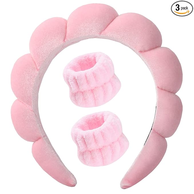 Luckybear Spa Headband for Washing Face, Velvet Makeup Headband with Face Wash Wristbands - Pink