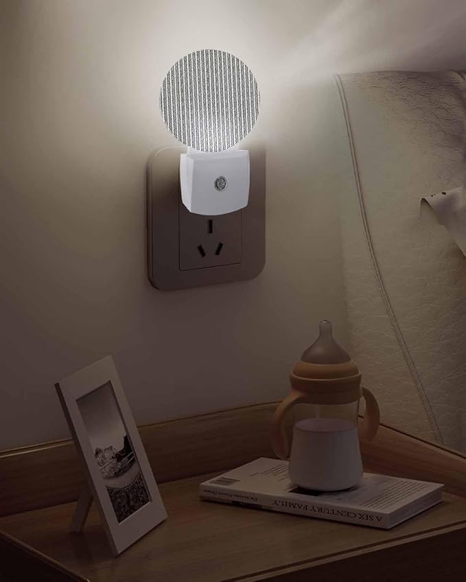 Night Lights Auto Sensor Gray Pinstripes Night Light Woven Denim Striped Round Lamp Plug-in LED Nightlights Dusk to Dawn for Living Room Bedroom Bathroom Hallway Wall Decor