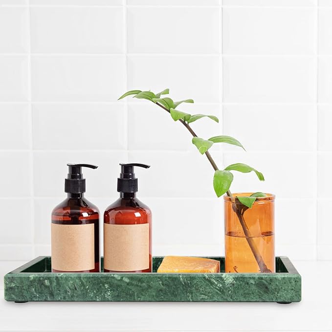 Marble Bathroom Vanity Tray,Luxury Natural Stone Small Decorative Tray,Soap Dispenser Dresser Top Perfume Home Kitchen Toilet Tank Sink Tray for Soap Bottles, Key Trinket Ring Tray(Green)