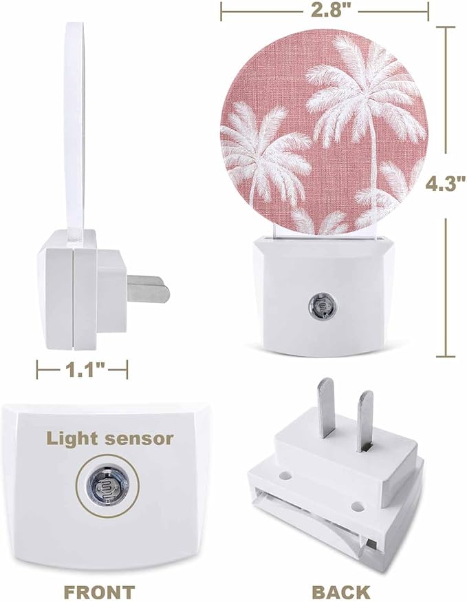 Night Lights Auto Sensor Tropical Palm Trees Night Light Rose Pink Linen Coastal Round Lamp Plug-in LED Nightlights Dusk to Dawn for Living Room Bedroom Bathroom Hallway Wall Decor