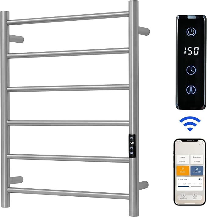 Electric Towel Rack with Voice Control for Alexa & Google Home,TUYA-Wall-Mounted Bathroom Heating Towel Warmer,Plug-in,26.77x20.47x4.39in,Stainless Steel Material,Brushed，6 Bars