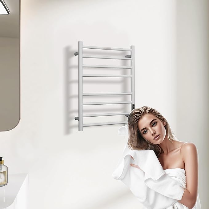 Heated Towel Racks for Bathroom, Wall Mounted Electric Towel Warmer Racks with Timer & Temperature Control, Stainless Steel Towel Heater for Bathroom (Round-White, 8 Bars)