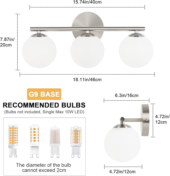 Brushed Nickel Bathroom Light Fixtures 3-Light Globe Vanity Light with Plastic Milk White Globe Shades 11.81 inch Wall Sconce Lighting Over Mirror Vanity Lights for Bathroom Bedroom Hallway