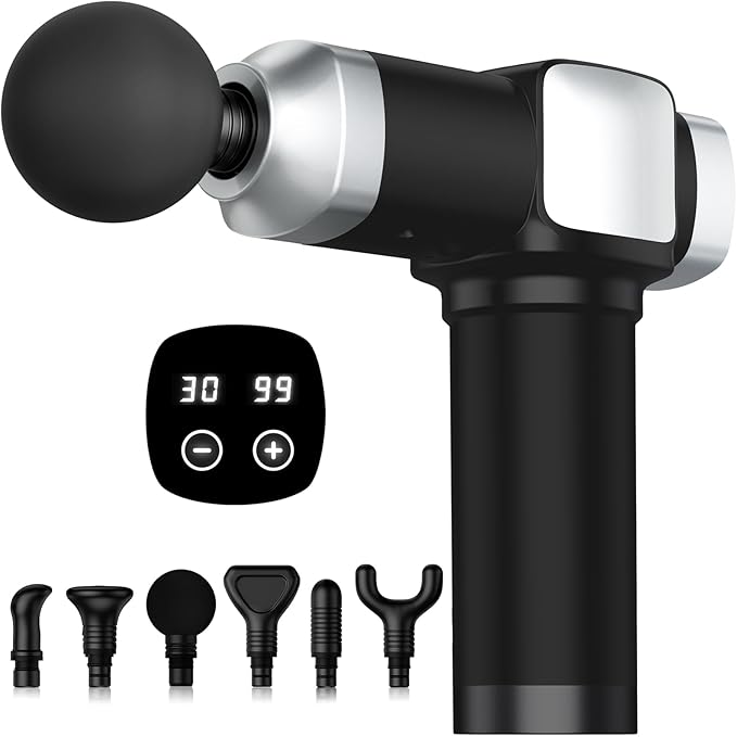 Massage Gun Deep Tissue, Portable Percussion Electric Muscle Massager for Pain Relief, Handheld Massagers with 30 Speeds & 6 Attachments for Back and Neck, Gifts for Men Women
