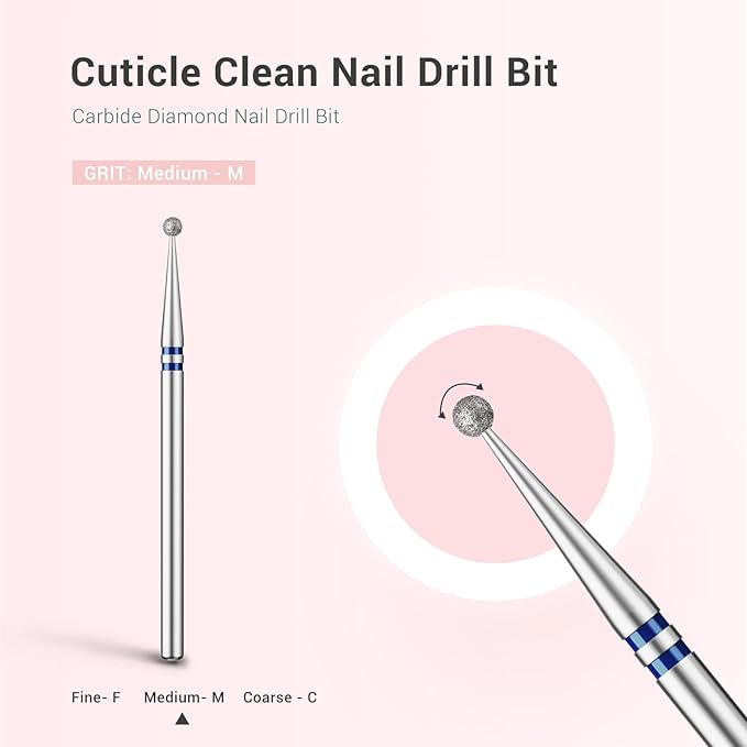MelodySusie 1.8mm Ball Shape Cuticle Clean Nail Drill Bit 3/32'', Professional Safety Carbide Diamond Under Nail Cleaner for Cuticle Dead Skin Nail Prepare, Beginners Bits, Series Bit-S, Medium
