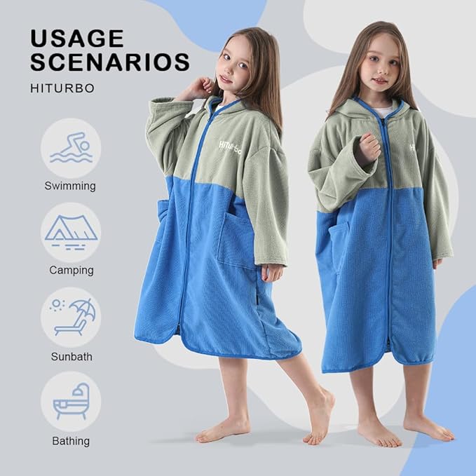 Hiturbo Kids Bath Towel Hoodie: Zipper Surf Poncho Long Sleeve Quick Dry - Absorbent Changing Towels Swimming Outerwear for Beach Pool - Gray/Blue