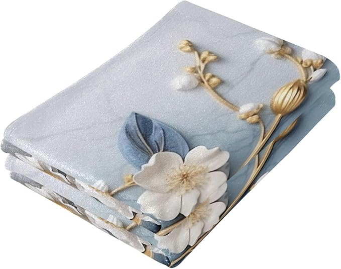 Vintage 3D Floral Hand Towels for Bathroom Set of 2,Decorative White Blue Golden Blossom Flower Branch Bathroom Towels for Bath,Face,Hair,Soft Absorbent Dish Towels for Kitchen Decor 28"x14"