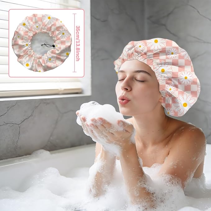 Pink Daisy Reusable Shower Cap Buffalo Check Double Layer Waterproof Shower Caps Large Elastic Hair Cover Adjustable Hair - Drying Caps for Woman Bath SPA Travel One Size Fits Most