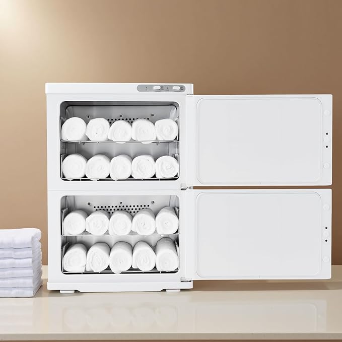 VEVOR Hot Towel Warmer, 46L Large Capacity 2-Tier Towel Warmer Cabinet with Clip & 4 Stainless Steel Racks, Holds up 48 Towels, All-Round Heating Cabinet for Spa, Barber, Manicures, Massage, Salon