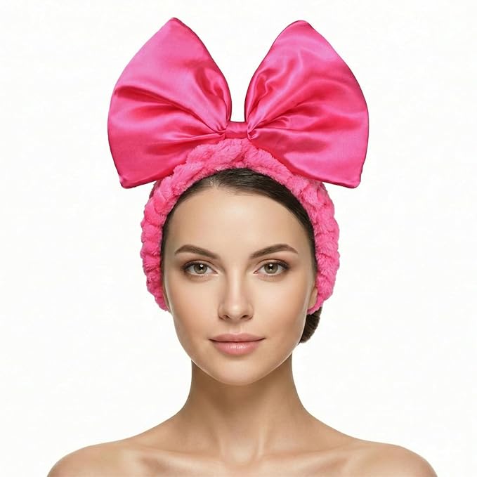 JIAHANG Large Satin Bow Facial Spa Headband, Facial Making Up Shower Skincare Hairband, Wash Face Headwrap for Women Girls
